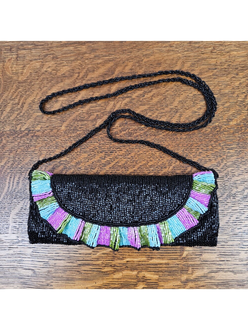CEM Black Beaded Evening Bag Multicolor Ruffle Crossbody Hand Made China